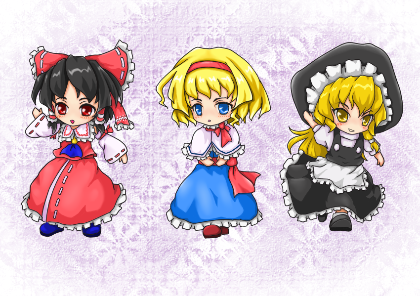 kinokobakudan, alice margatroid, hakurei reimu, kirisame marisa, touhou, 3girls, black hair, blonde hair, blue eyes, braid, chibi, dress, female focus, full body, hairband, hat, long hair, multiple girls, red eyes, ribbon, short hair, skirt, witch, witch hat, yellow eyes