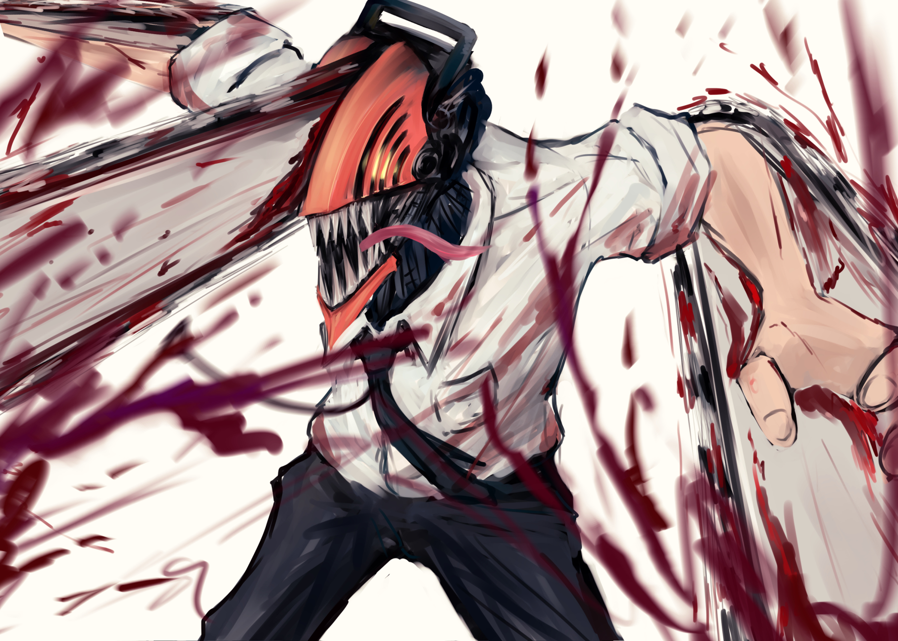 gorigorimatcha, denji (chainsaw man), chainsaw man, highres, 1boy, alternate form, black necktie, black pants, blood, blood spray, chainsaw, long tongue, male focus, necktie, pants, sharp teeth, shirt, sleeves rolled up, solo, teeth, tongue, tongue out, white background, white shirt
