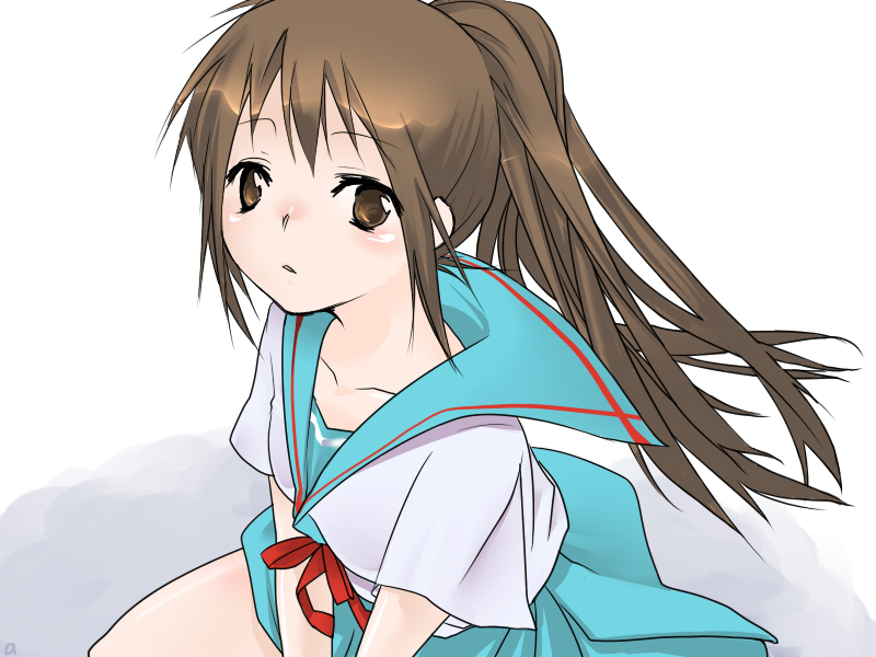 sagizawa, kyonko, suzumiya haruhi no yuuutsu, 00s, 1girl, brown eyes, brown hair, female focus, genderswap, genderswap (mtf), long hair, ponytail, school uniform, serafuku, solo