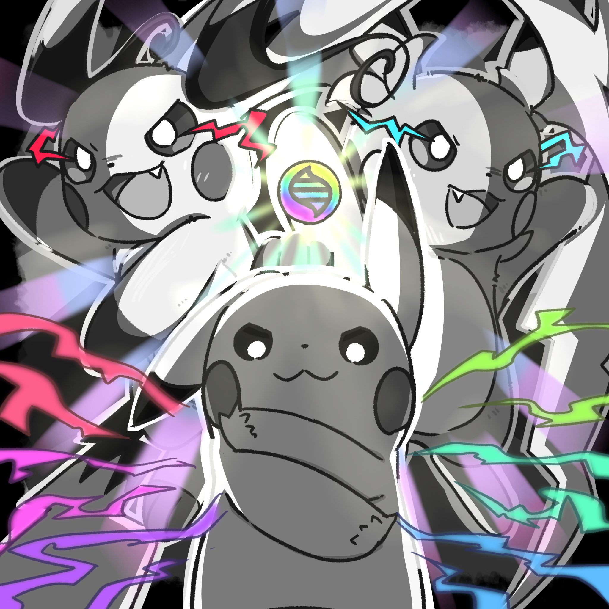 mega raichu x, mega raichu y, pikachu, raichu, nintendo, pokemon, highres, fang, gen 1 pokemon, mega evolution symbol, mega pokemon, monochrome, mouse (animal), multiple tails, no humans, ocha under, open mouth, pokemon (creature), pokemon focus, smile, tail, v-shaped eyes, very long ears, very long tail