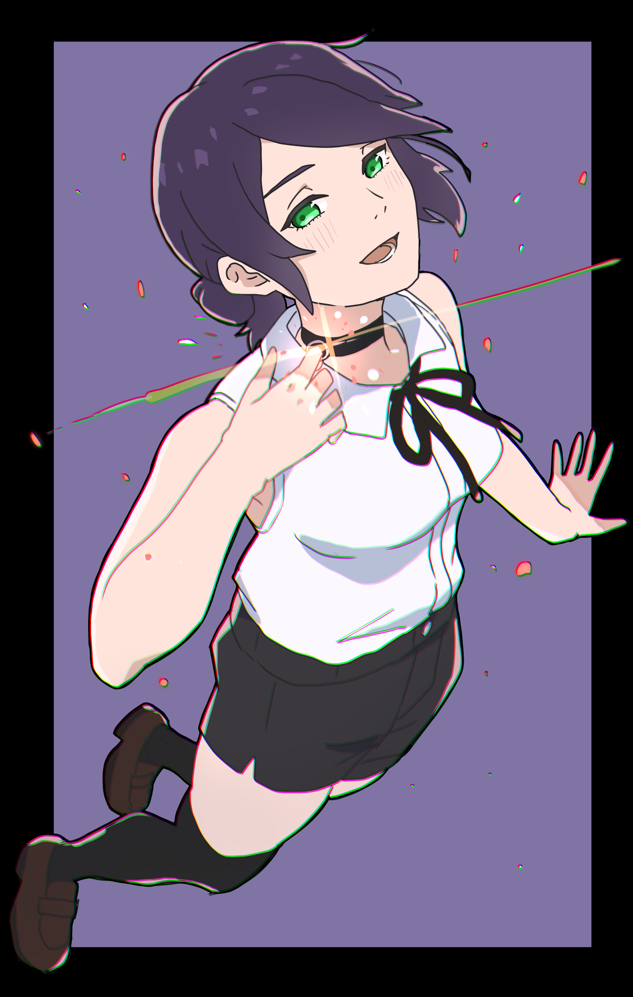 koto noha, reze (chainsaw man), chainsaw man, highres, 1girl, black choker, black ribbon, black shorts, black thighhighs, brown shoes, choker, green eyes, grenade pin, loafers, lower teeth only, neck ribbon, open mouth, purple hair, ribbon, shirt, shirt tucked in, shoes, short shorts, shorts, sleeveless, sleeveless shirt, solo, teeth, thighhighs, white shirt