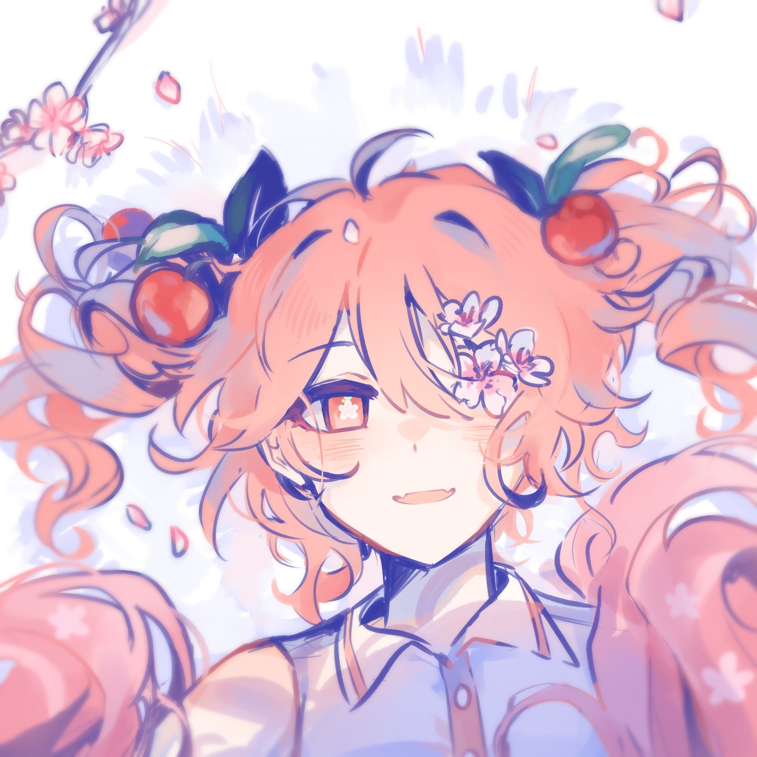 smol mitto, kasane teto, sakura teto, utau, commentary, english commentary, highres, 1girl, :d, antenna hair, bare shoulders, blush, bright pupils, buttons, cherry hair ornament, collared shirt, drill hair, fangs, flower, flower-shaped pupils, flower over eye, food-themed hair ornament, hair between eyes, hair ornament, looking at viewer, lying, on back, one eye covered, open mouth, pink eyes, pink flower, pink hair, pink petals, portrait, shirt, short hair, simple background, skin fangs, sleeveless, sleeveless shirt, smile, solo, symbol-shaped pupils, twin drills, white background, white pupils, white shirt