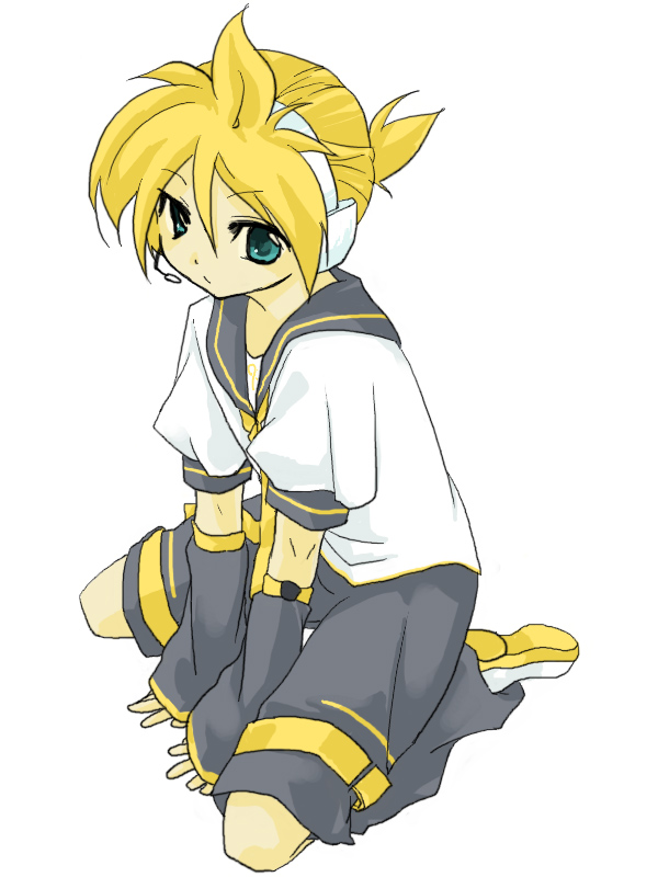 sagizawa, kagamine len, vocaloid, 1boy, blonde hair, detached sleeves, full body, green eyes, headphones, headset, male focus, microphone, short hair, simple background, solo