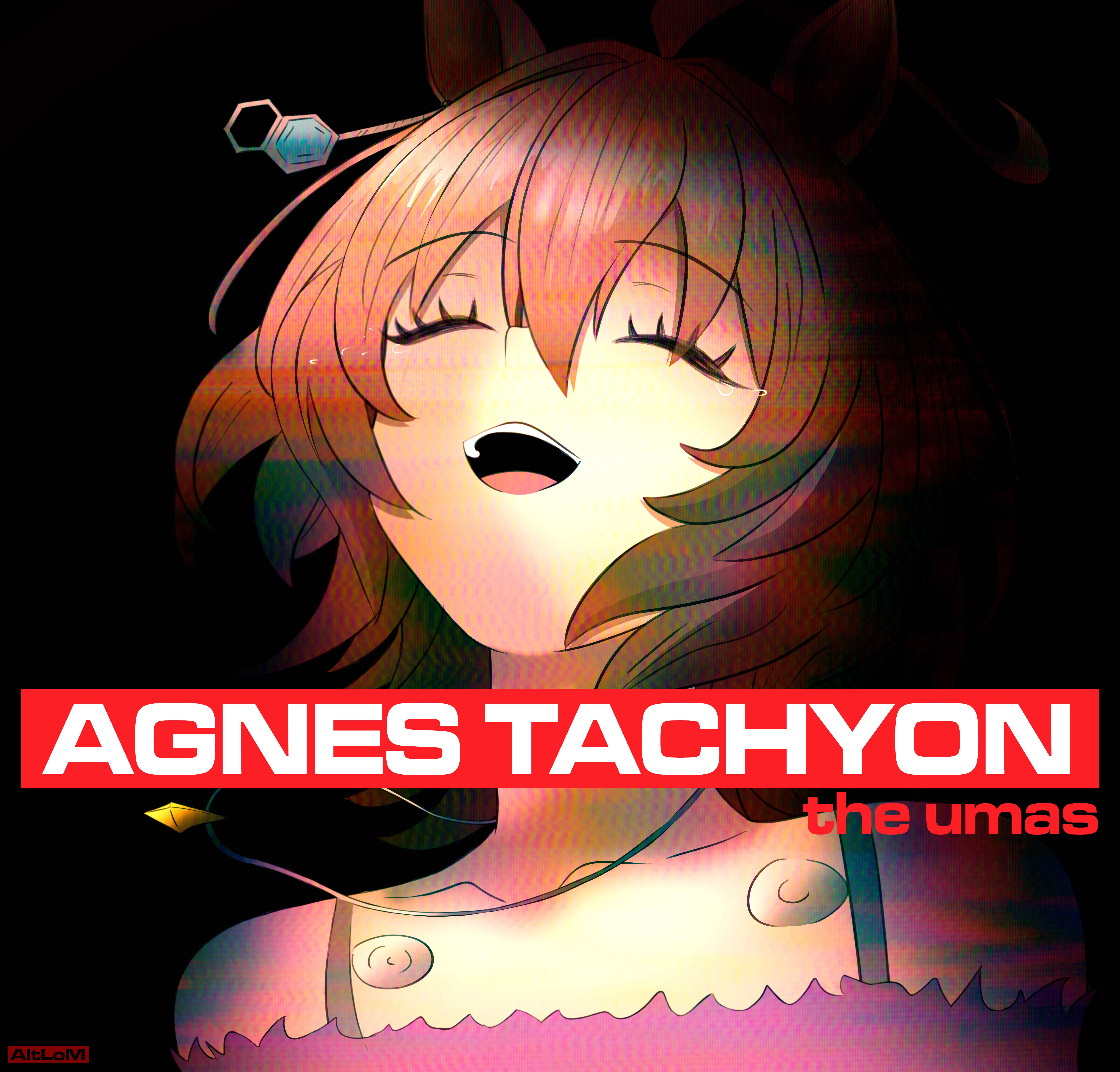 alterworshiper, agnes tachyon (umamusume), radiohead (band), umamusume, absurdres, derivative work, highres, 1girl, ahoge, album cover redraw, animal ears, bare shoulders, black background, bra strap, brown hair, closed eyes, collarbone, cover, ear ornament, happy, horse ears, jewelry, necklace, off-shoulder shirt, off shoulder, open mouth, parody, purple shirt, shirt, solo, tears, teeth, the bends (album), upper teeth only