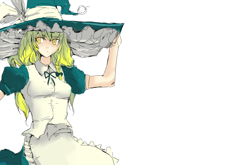 kai (kai 013), kirisame marisa, touhou, bad id, bad pixiv id, 1girl, alternate color, blonde hair, braid, breasts, female focus, hand on headwear, hat, long hair, simple background, skirt, solo, white background, witch, witch hat, yellow eyes