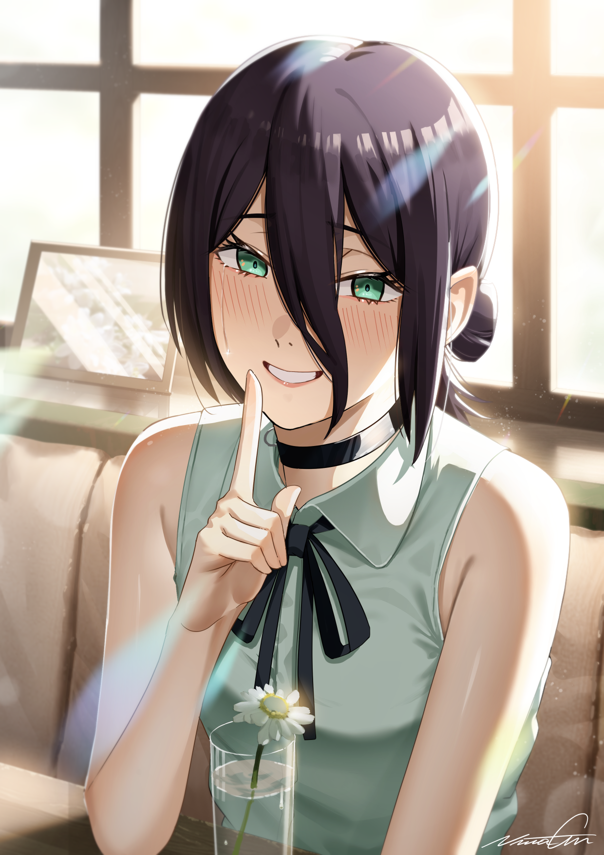 niwachichi (maekawasan), reze (chainsaw man), chainsaw man, highres, 1girl, black choker, black hair, black ribbon, choker, cup, flower, green eyes, grenade pin, hair bun, index finger raised, looking at viewer, neck ribbon, ribbon, shirt, sleeveless, sleeveless shirt, solo, teeth, water, white flower, white shirt, window