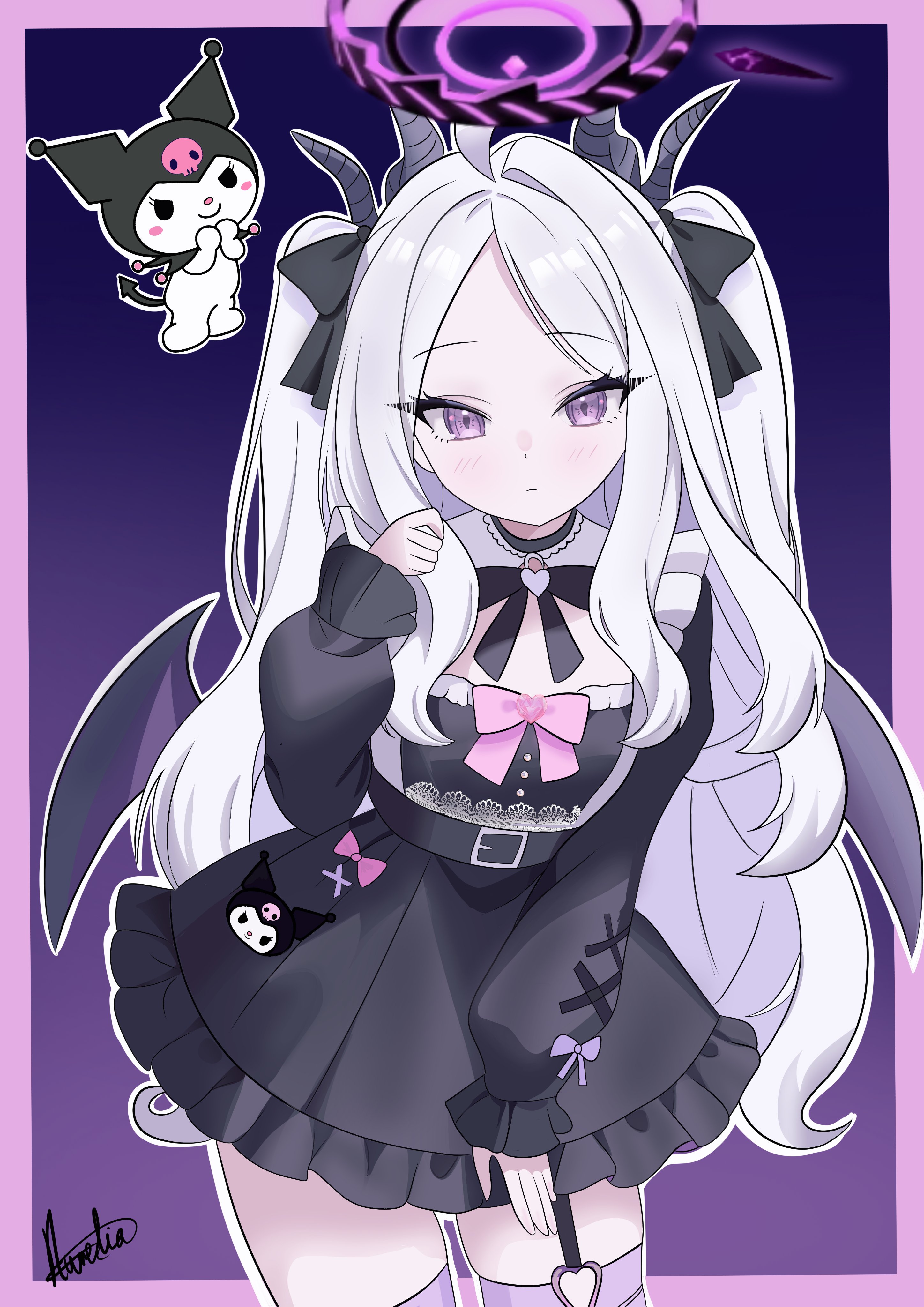 aurelia88, hina (blue archive), blue archive, absurdres, commentary, highres, 1girl, ahoge, alternate costume, alternate hairstyle, black bow, black bowtie, black halo, black horns, blush, border, bow, bowtie, closed mouth, cowboy shot, demon girl, demon horns, demon wings, dress, dress bow, eyelashes, forehead, frilled dress, frilled sleeves, frills, frown, gothic lolita, hair bow, halo, hand up, horns, lolita fashion, long hair, long sleeves, looking at viewer, multiple horns, outline, outside border, parted bangs, pink border, pink bow, puffy long sleeves, puffy sleeves, purple background, purple bow, purple eyes, purple thighhighs, short dress, sidelocks, signature, simple background, single hair intake, sleeve bow, solo, thighhighs, tsurime, two side up, very long hair, white dress, white hair, white outline, wings, zettai ryouiki