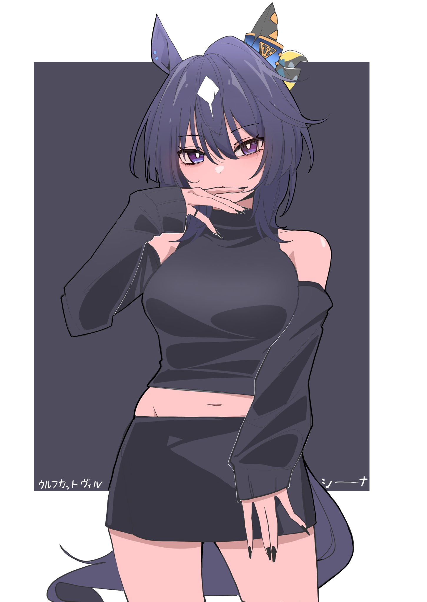 kawamochi (kawauti919), verxina (umamusume), umamusume, commentary request, highres, translation request, 1girl, animal ears, bare shoulders, black nails, black shirt, black skirt, black sleeves, border, detached sleeves, fingernails, grey background, groin, hair between eyes, hand up, horse ears, horse girl, horse tail, long fingernails, long sleeves, looking at viewer, midriff, multicolored hair, nail polish, navel, puffy long sleeves, puffy sleeves, purple eyes, purple hair, sharp fingernails, shirt, skirt, sleeveless, sleeveless shirt, sleeves past wrists, solo, tail, two-tone hair, white border, white hair