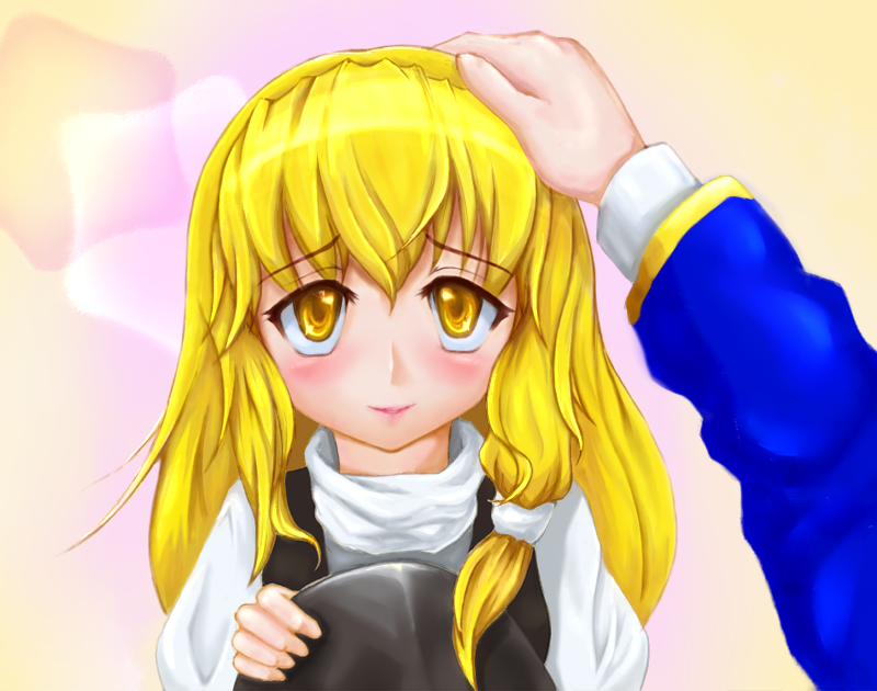 kinokobakudan, kirisame marisa, touhou, 1girl, blonde hair, blush, female focus, hat, head pat, headpat, solo focus, yellow eyes