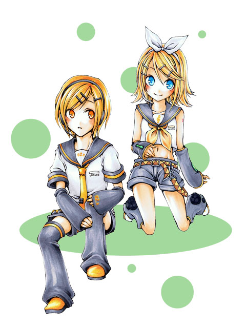 rinsan (nametake), kagamine len, kagamine rin, vocaloid, bad id, bad pixiv id, 1boy, 1girl, blonde hair, blue eyes, brother and sister, detached sleeves, hair ornament, hairclip, midriff, necktie, short hair, siblings, twins, yellow eyes, yellow necktie