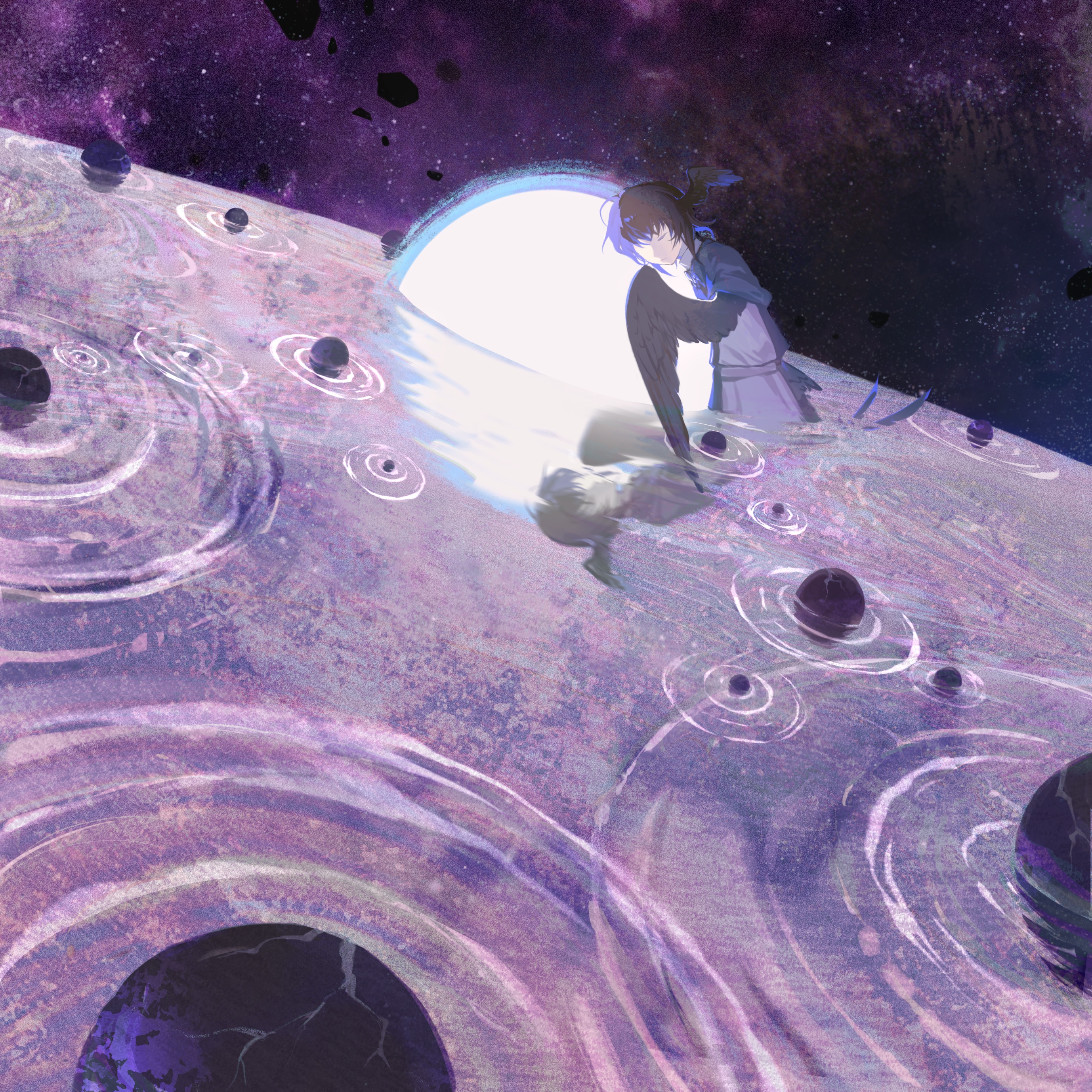 second (byou), meteion, final fantasy, final fantasy xiv, absurdres, highres, 1girl, asteroid, bird wings, black hair, blue capelet, capelet, closed eyes, orbital path, planet, reflection, short hair, sky, solo, space, star (sky), starry sky, wide shot, winged arms, wings