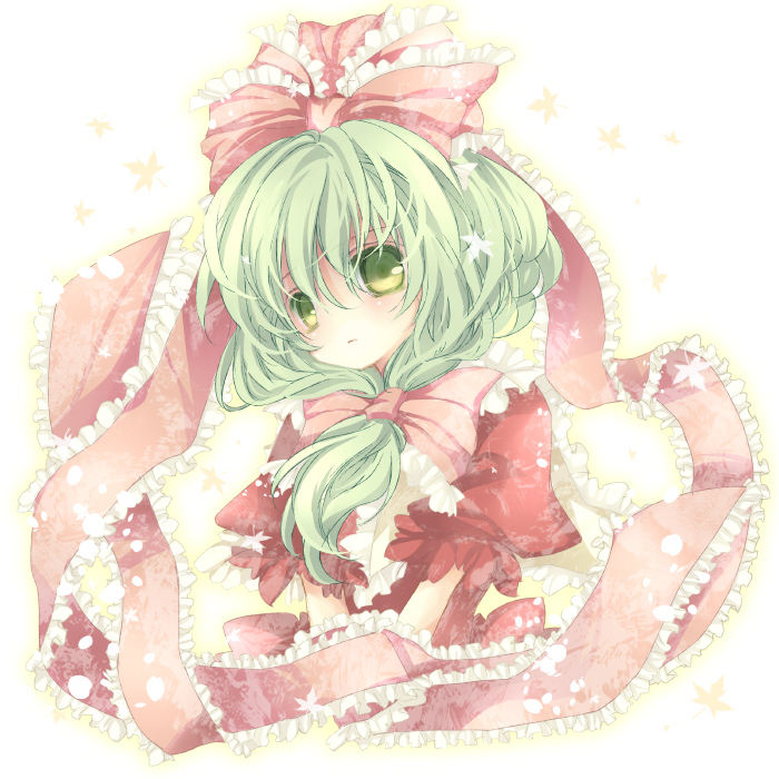 mikazuki sara, kagiyama hina, touhou, 1girl, dress, female focus, front ponytail, green eyes, green hair, matching hair/eyes, red dress, ribbon, solo