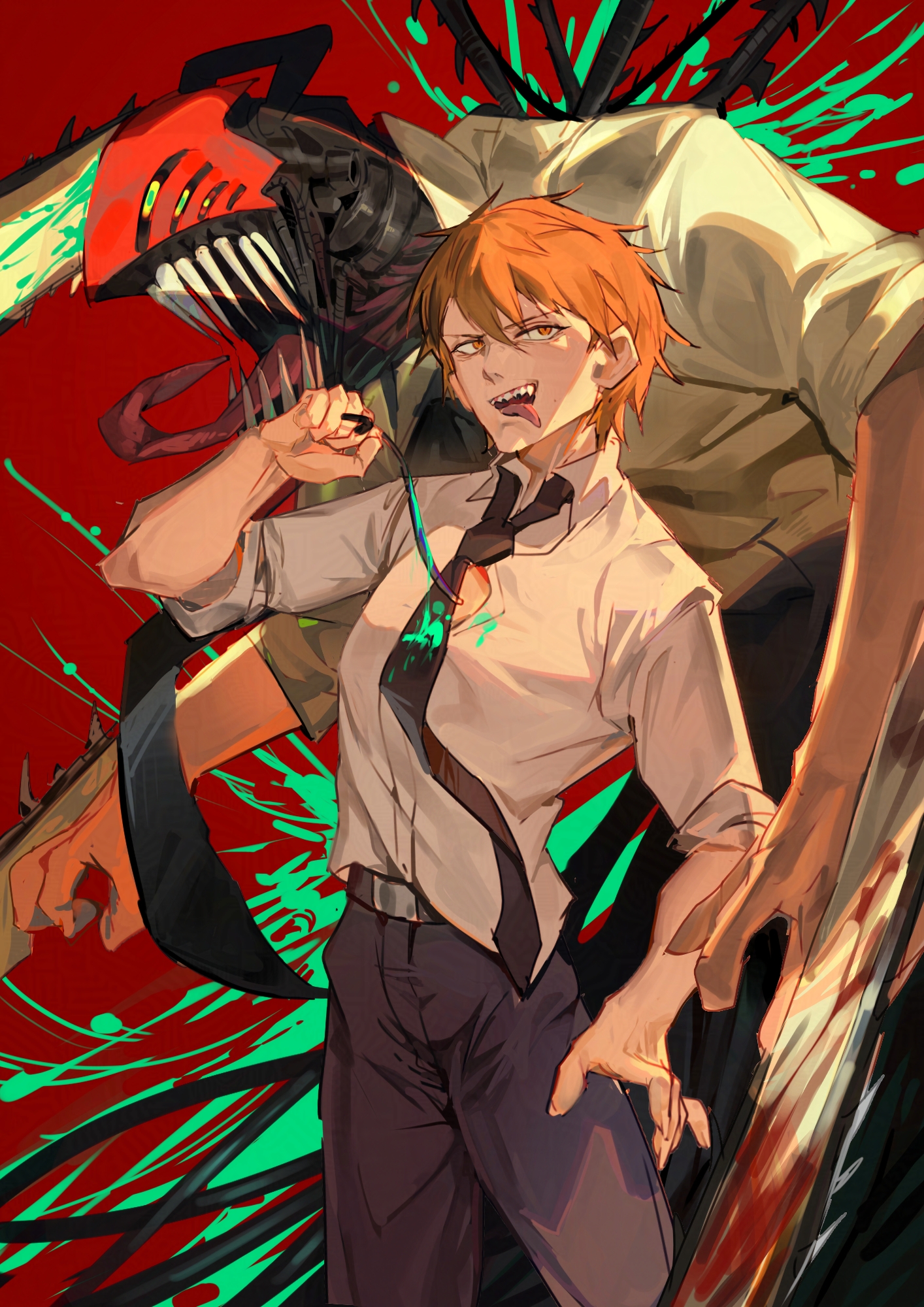 harry80779192, denji (chainsaw man), chainsaw man, highres, 1boy, alternate form, black necktie, black pants, blood, chainsaw, cord pull, male focus, necktie, orange eyes, orange hair, pants, pull cord, sharp teeth, shirt, short hair, sleeves rolled up, teeth, tongue, tongue out, white shirt