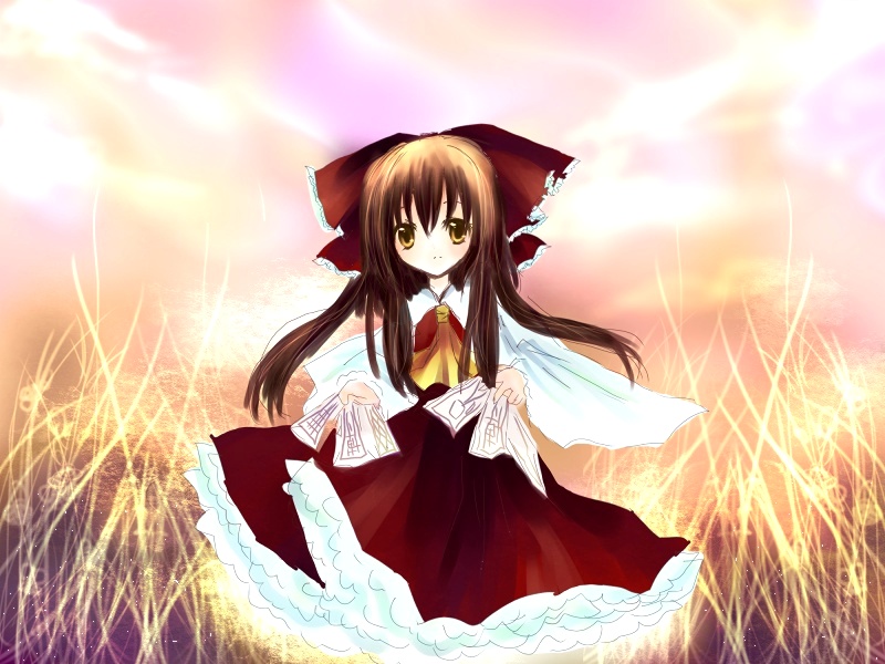 kohinata raichi, hakurei reimu, touhou, bad id, bad pixiv id, 1girl, brown hair, female focus, japanese clothes, long hair, miko, nature, outdoors, plant, sky, solo, yellow eyes