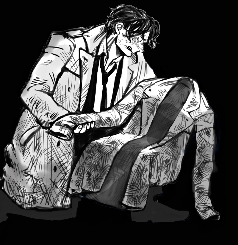 commentary request, spoilers, 1boy, coat, collared shirt, frown, greyscale, holding, holding unworn clothes, itakura (warui yatsu hodo yoku nemuru), monochrome, necktie, nonoda, on one knee, shirt, simple background, solo, tears, trench coat, warui yatsu hodo yoku nemuru