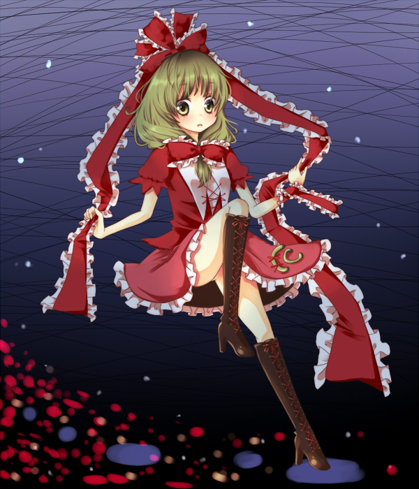 umi (umi02), kagiyama hina, touhou, 1girl, boots, bow, female focus, front ponytail, green eyes, green hair, hair bow, hair ribbon, high heels, matching hair/eyes, no panties, ribbon, shoes, solo, upskirt