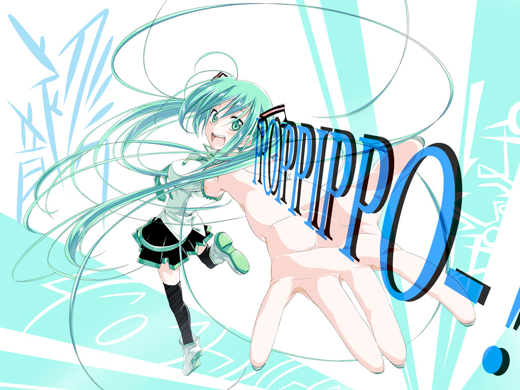 himura kiseki, hatsune miku, poppippoo (vocaloid), vocaloid, 1girl, :d, aqua eyes, aqua hair, female focus, foreshortening, long hair, open mouth, outstretched arm, poppippo, smile, solo, twintails, very long hair