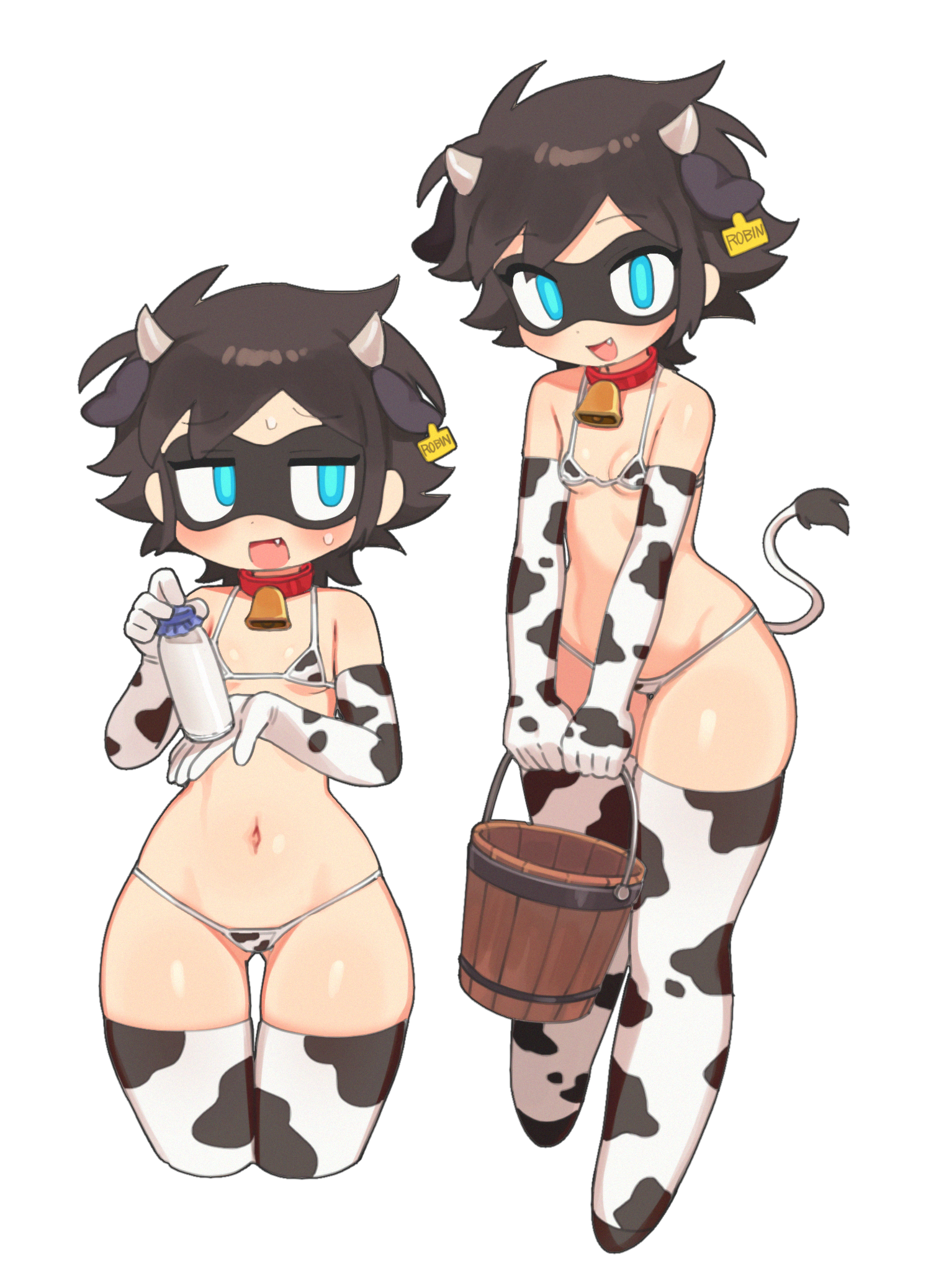 batrobin k, robin (batrobin k), batman (series), dc comics, highres, 1girl, animal ears, animal print, bare shoulders, bell, bikini, black hair, black mask, blue eyes, blush, bottle, breasts, bucket, collar, collarbone, cow ears, cow horns, cow print, cow print bikini, cow print gloves, cow print thighhighs, cow tail, domino mask, elbow gloves, eye mask, fang, gloves, holding, holding bottle, holding bucket, horns, kemonomimi mode, looking at viewer, mask, milk, navel, neck bell, open mouth, print bikini, print gloves, print thighhighs, red collar, short hair, simple background, small breasts, smile, solo, swimsuit, tail, thighhighs, white background