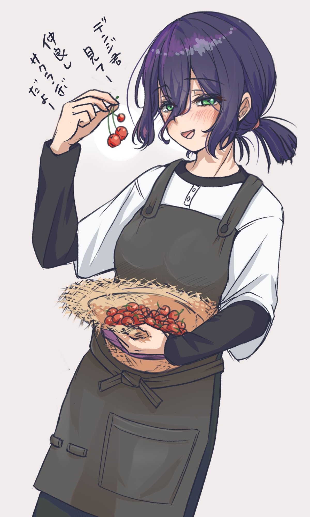 akatsuki (akatsukinotsuki), reze (chainsaw man), chainsaw man, highres, translation request, 1girl, apron, black apron, cherry, food, fruit, green eyes, grey background, hair between eyes, hat, holding, holding unworn clothes, holding unworn hat, light blush, open mouth, ponytail, purple hair, shirt, short ponytail, solo, straw hat, unworn hat, unworn headwear, white shirt