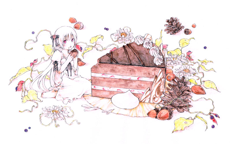 rinsan (nametake), original, bad id, bad pixiv id, traditional media, 1girl, barefoot, cake, eating, female focus, flower, food, hair ornament, in food, long hair, mini person, minigirl, pastry, pinecone, solo, very long hair