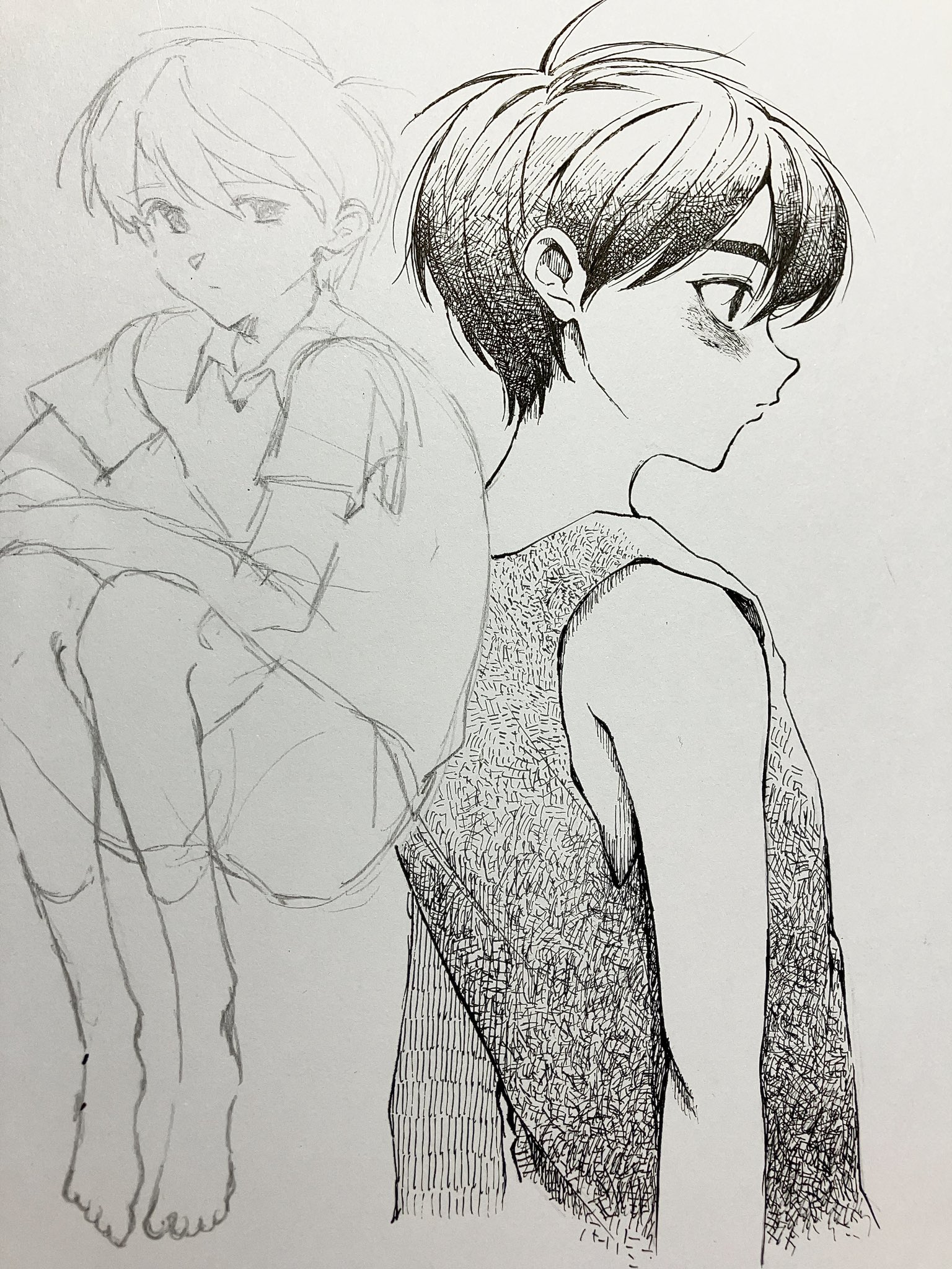 hato popo 37, omori (omori), sunny (omori), omori, highres, traditional media, 2boys, antenna hair, closed mouth, collared shirt, double-parted bangs, dual persona, greyscale, hair between eyes, male focus, monochrome, multiple boys, shirt, short hair, short sleeves, shorts, simple background, socks, sweater vest, tank top