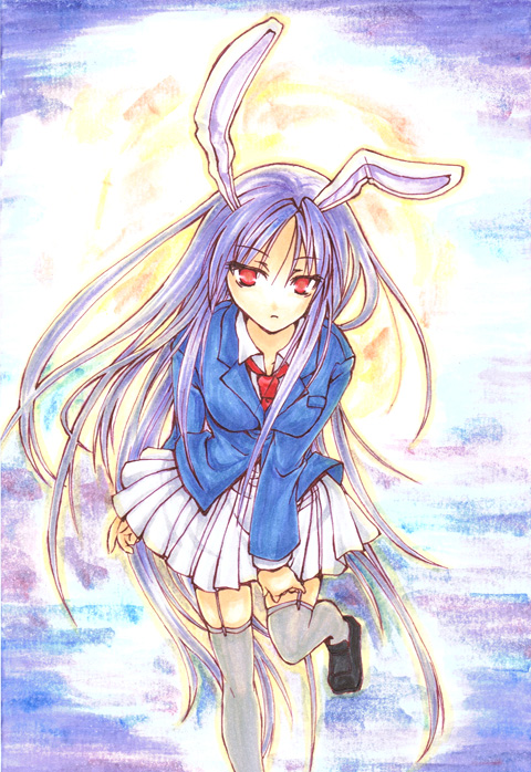 rinsan (nametake), reisen udongein inaba, touhou, bad id, bad pixiv id, traditional media, 1girl, animal ears, blazer, breasts, female focus, jacket, long hair, necktie, purple hair, rabbit ears, red eyes, skirt, solo, thighhighs, very long hair
