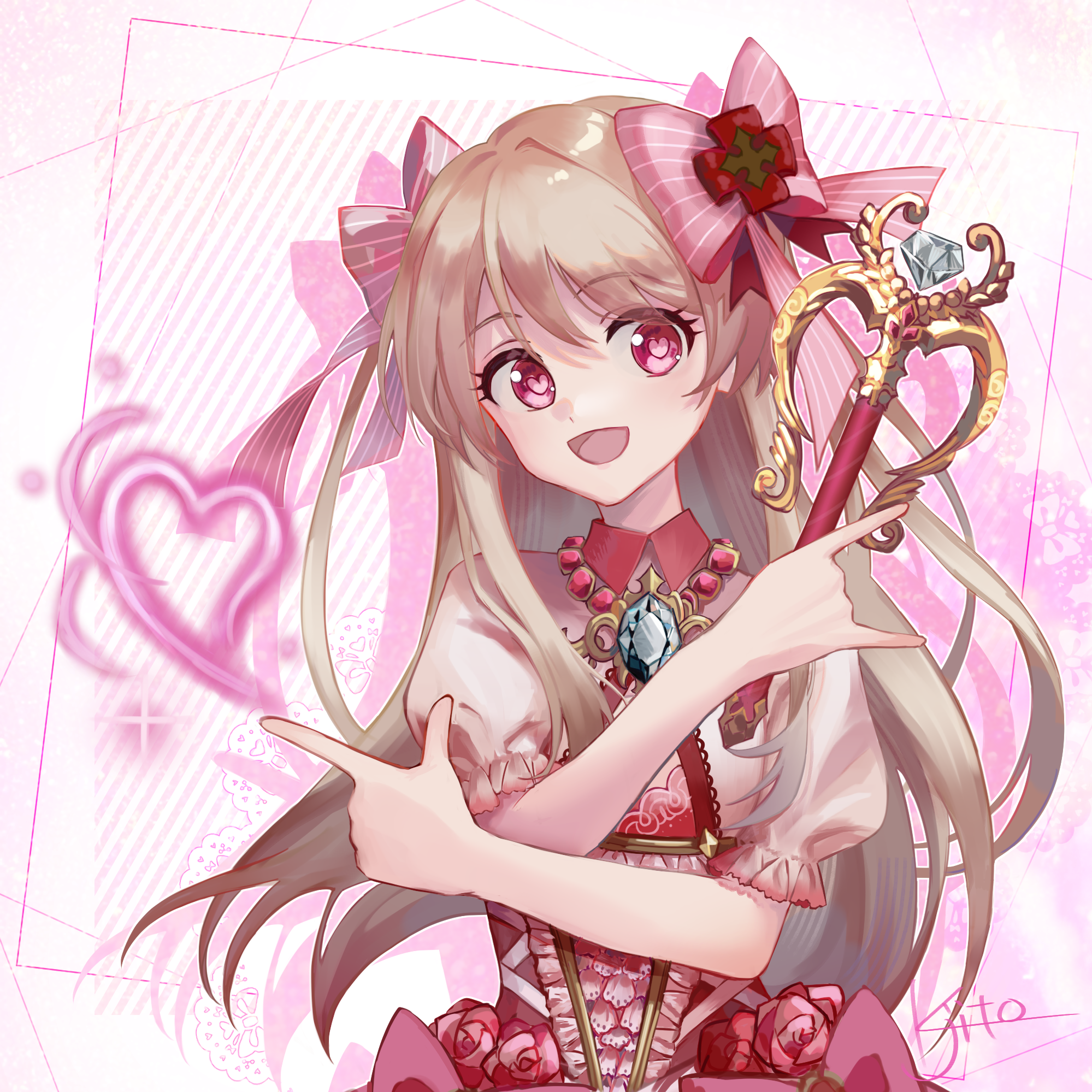 chaos marie (grimms notes), grimms notes, 1girl, cleavage cutout, clothing cutout, corset, frilled corset, frills, holding, holding wand, kjitocat, open mouth, pink eyes, smile, solo, upper body, wand