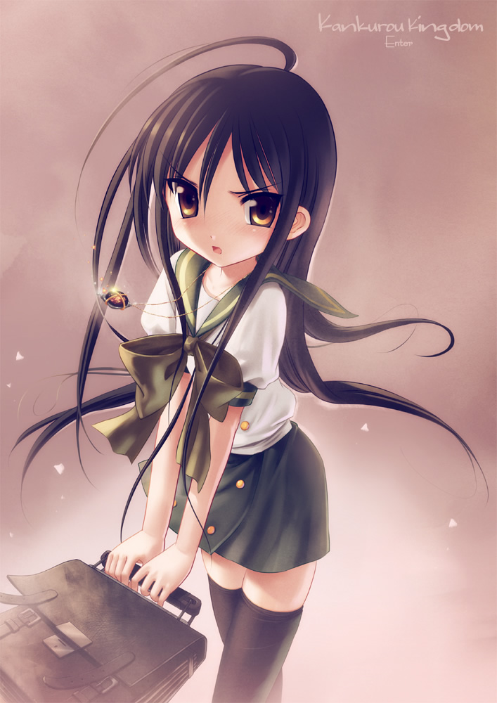 kankurou, alastor (shakugan no shana), shana, shakugan no shana, 00s, 1girl, ahoge, bag, black hair, black thighhighs, female focus, jewelry, long hair, pendant, satchel, school bag, school uniform, serafuku, solo, thighhighs, zettai ryouiki