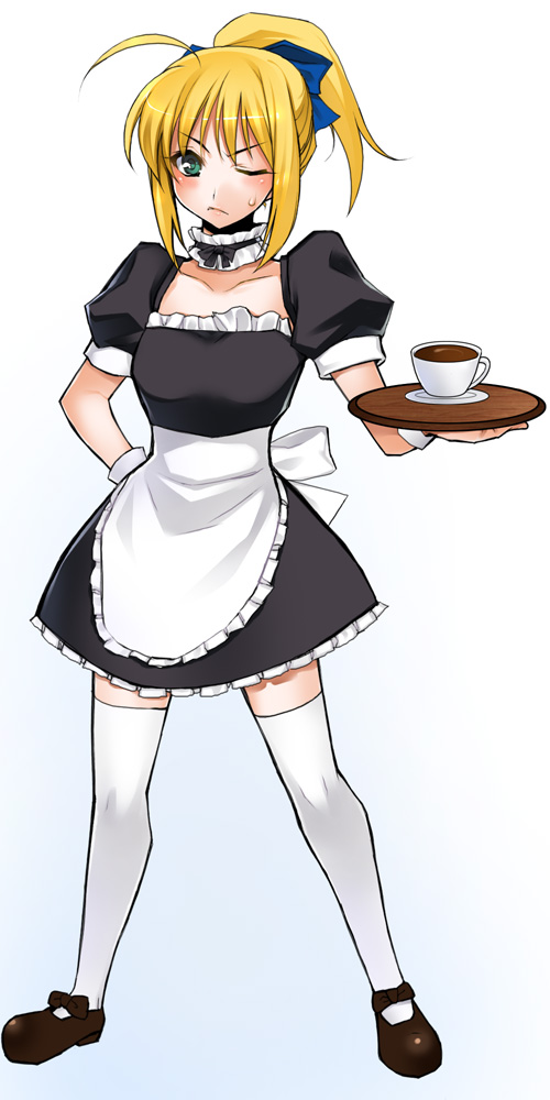 azu, artoria pendragon (fate), saber (fate), fate/stay night, fate (series), 00s, 1girl, ahoge, alternate costume, blush, choker, cup, female focus, maid, one eye closed, ponytail, solo, sweatdrop, teacup, thighhighs, tray, white thighhighs, wink, zettai ryouiki