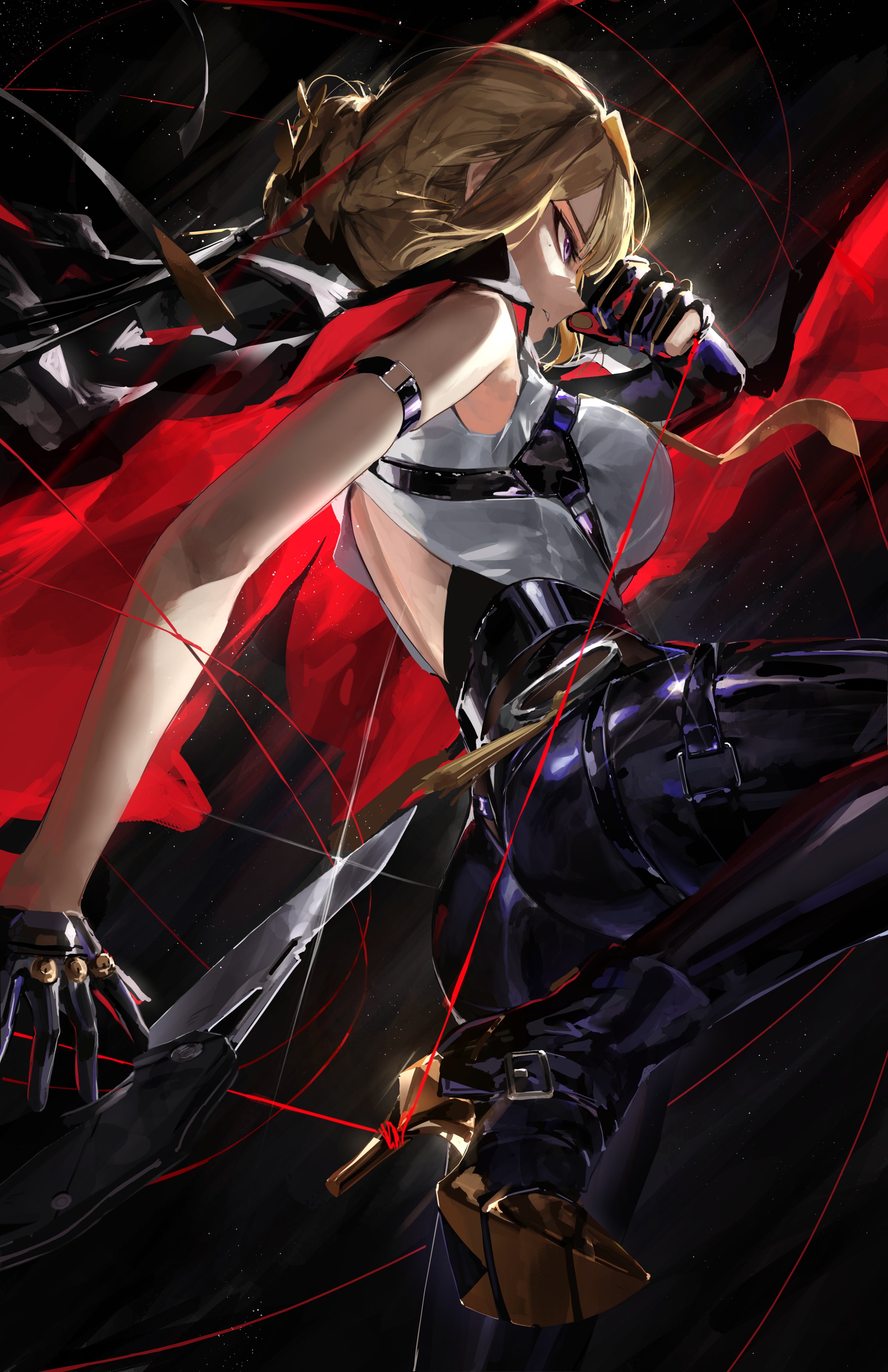 meltyrice, evelyn chevalier, zenless zone zero, absurdres, highres, 1girl, arm strap, ass, back, black background, black pants, blonde hair, breasts, chest harness, coat, coat on shoulders, elbow gloves, from side, gloves, half gloves, harness, high-waist pants, high heels, latex pants, leg up, long ribbon, mole, mole under eye, necktie, pants, purple eyes, ring hair ornament, shirt, single elbow glove, single half glove, solo, string, tight clothes, tight pants, white shirt, yellow necktie