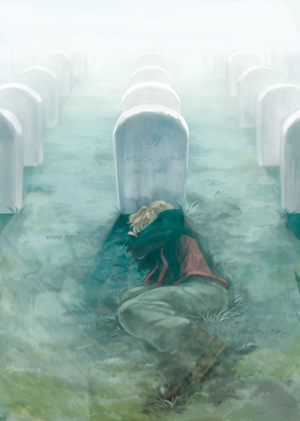chi ha, chiwawa, mikhail buran, macross, macross frontier, 00s, 1boy, covered face, from above, grave, graveyard, lying, male focus, outdoors, pointy ears, solo