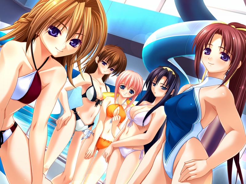 shinonome kazuhiko, hirasawa kazumi, kirishima mizuki, kirishima satsuki, shirakawa saori, shirakawa yui, aneimo, halter top, highleg swimsuit, side-tie bikini, game cg, non-web source, 00s, 5girls, armpits, bikini, black hair, blue eyes, blush, breasts, brown hair, cleavage, dutch angle, everyone, flat chest, green eyes, hairband, halterneck, highleg, indoors, large breasts, long hair, looking at viewer, medium breasts, midriff, multiple girls, one-piece swimsuit, pink hair, ponytail, pool, poolside, purple eyes, short hair, siblings, sisters, smile, swimsuit, water, water slide