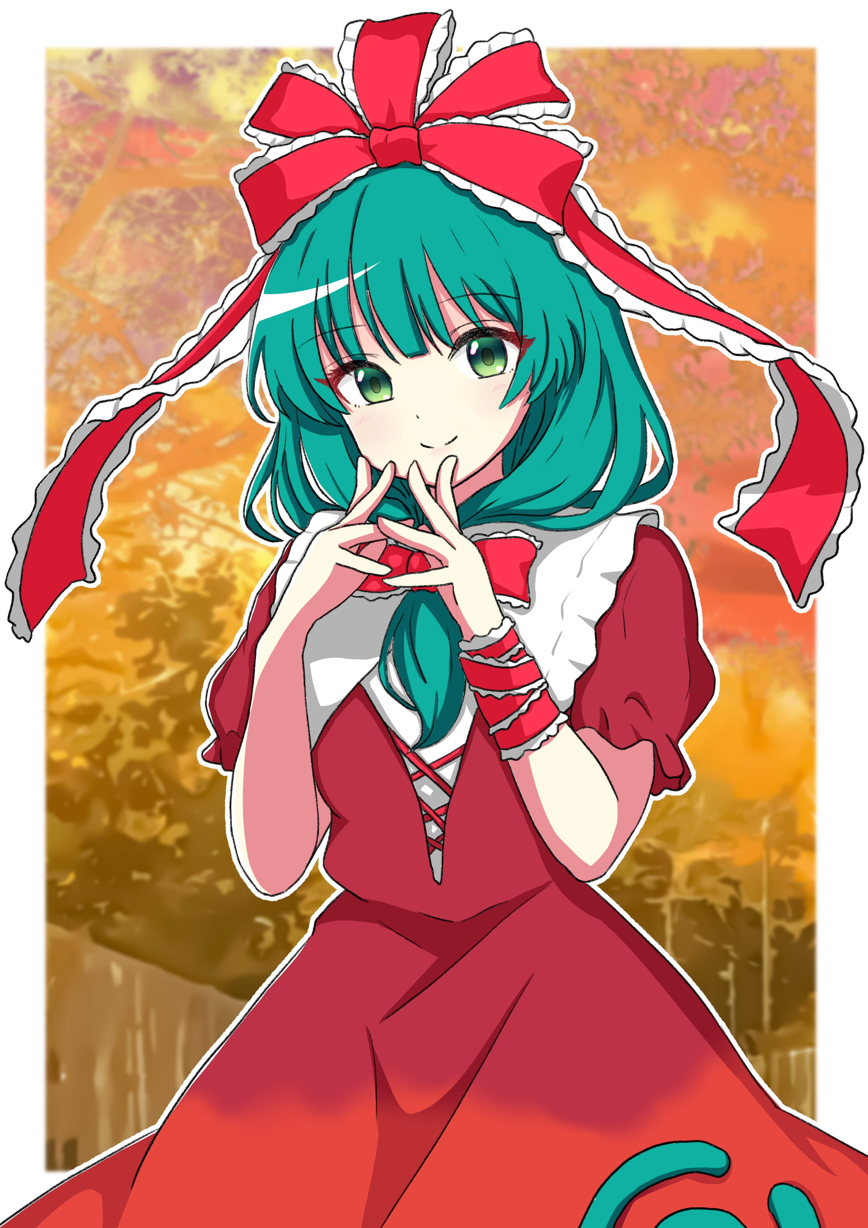 ptn, kagiyama hina, touhou, absurdres, commentary request, highres, 1girl, dress, front ponytail, green eyes, green hair, looking at viewer, red dress, red ribbon, ribbon, smile, solo