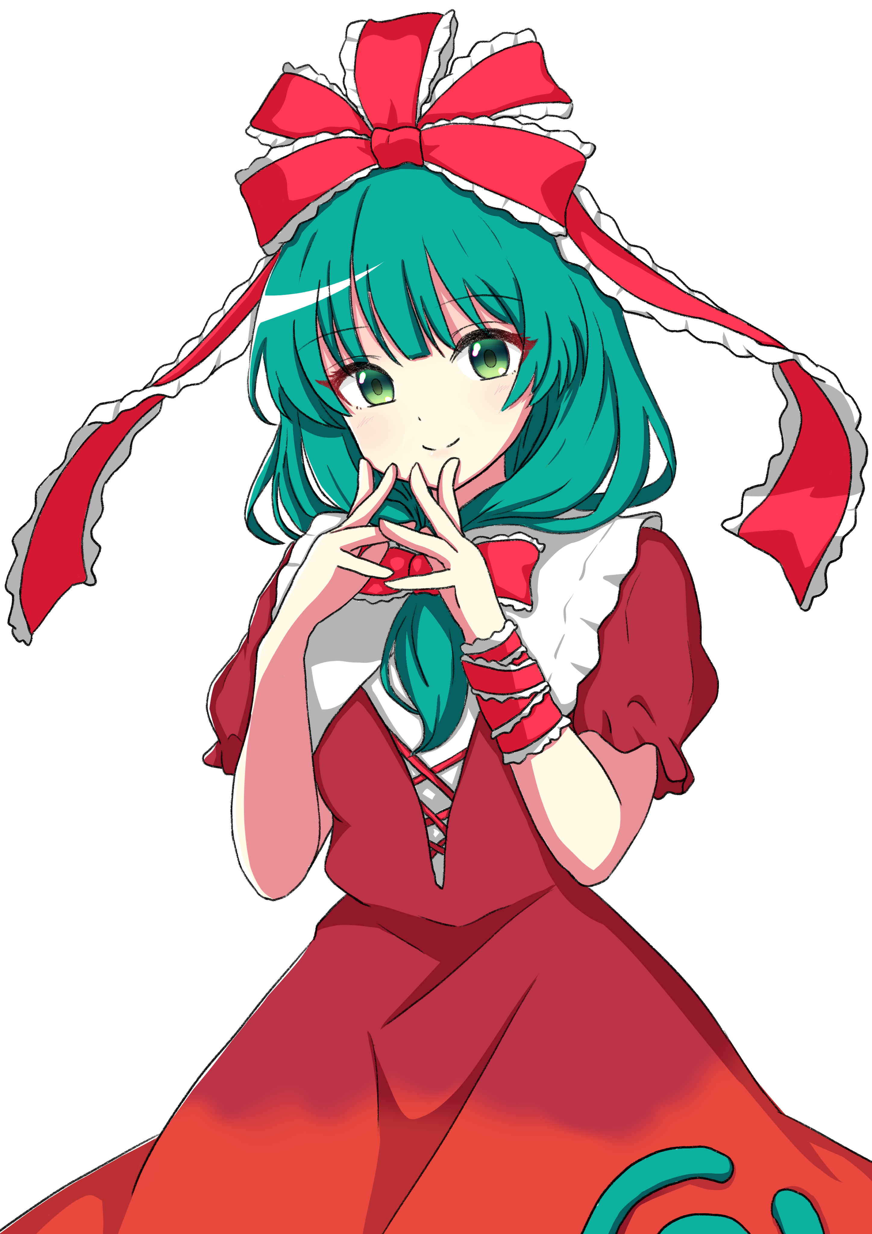 ptn, kagiyama hina, touhou, absurdres, commentary request, highres, 1girl, dress, front ponytail, green eyes, green hair, looking at viewer, red dress, red ribbon, ribbon, simple background, smile, solo, white background