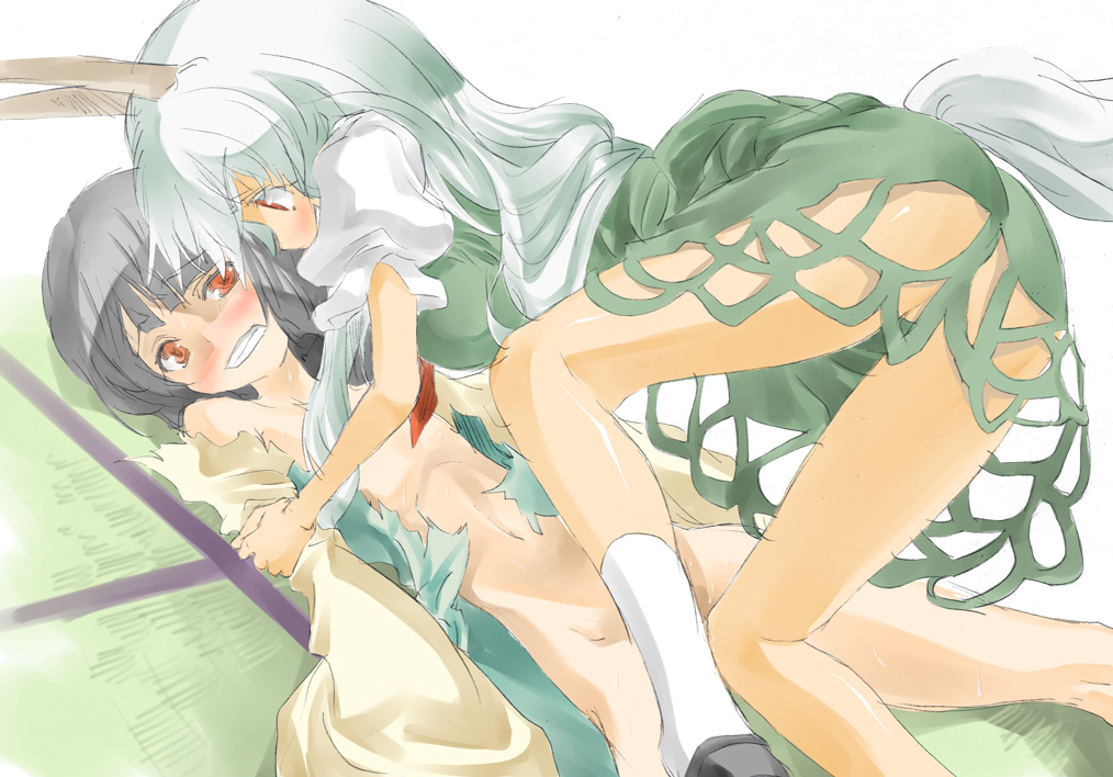 sangensei, yohane, ex-keine, houraisan kaguya, kamishirasawa keine, touhou, 2girls, caved (touhou), convenient censoring, horns, imminent rape, multiple girls, no panties, rape, torn clothes, you gonna get raped, yuri