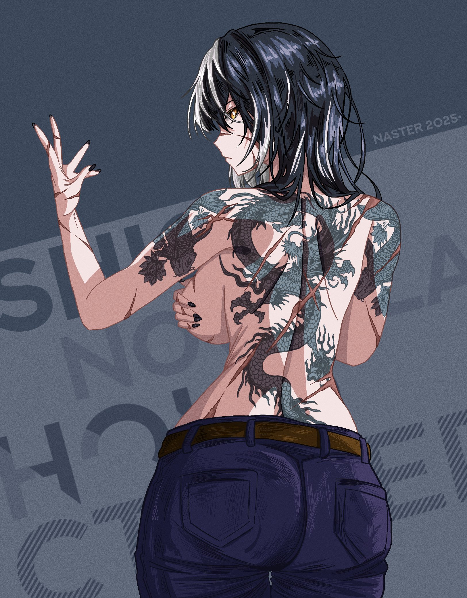 nasterro, shiori novella, hololive, hololive english, highres, 1girl, ass, back tattoo, bare shoulders, belt, breasts, casual, covering breasts, covering privates, denim, dragon tattoo, from behind, jeans, large breasts, looking back, medium hair, multicolored hair, nail polish, pants, scar, scar on arm, scar on back, scar on breasts, scar on face, scar on hand, scar on nose, solo, tattoo, topless female, virtual youtuber, yellow eyes