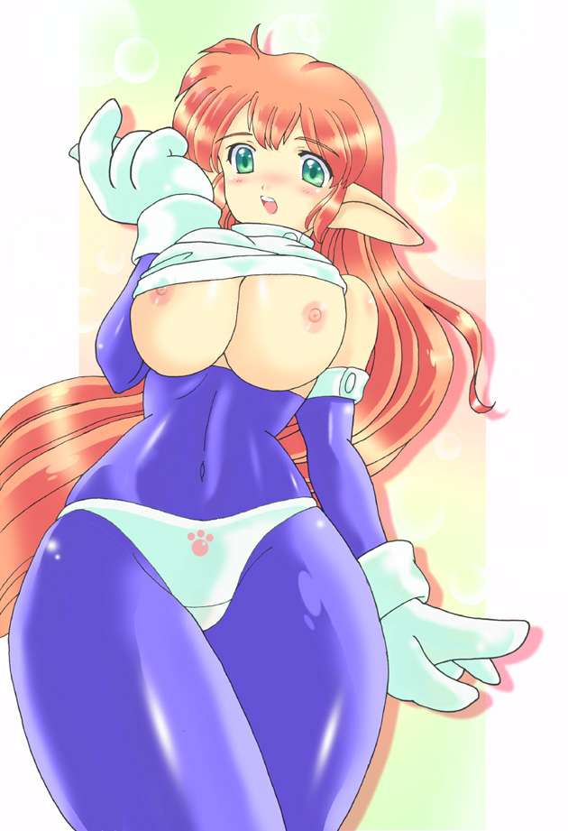buieito, roomi, galaxy fight, sunsoft, bad id, bad pixiv id, 1girl, bodysuit, breasts, female focus, gloves, green eyes, huge breasts, long hair, nipples, open clothes, pointy ears, red hair, solo, spandex