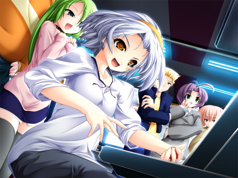 aburidashi zakuro, ogata kaedeko, akimaho!, game cg, non-web source, 1boy, 4girls, arcade, arcade cabinet, casual, controller, joystick, multiple girls, orange eyes, playing games, short hair, thighhighs, video game, white hair