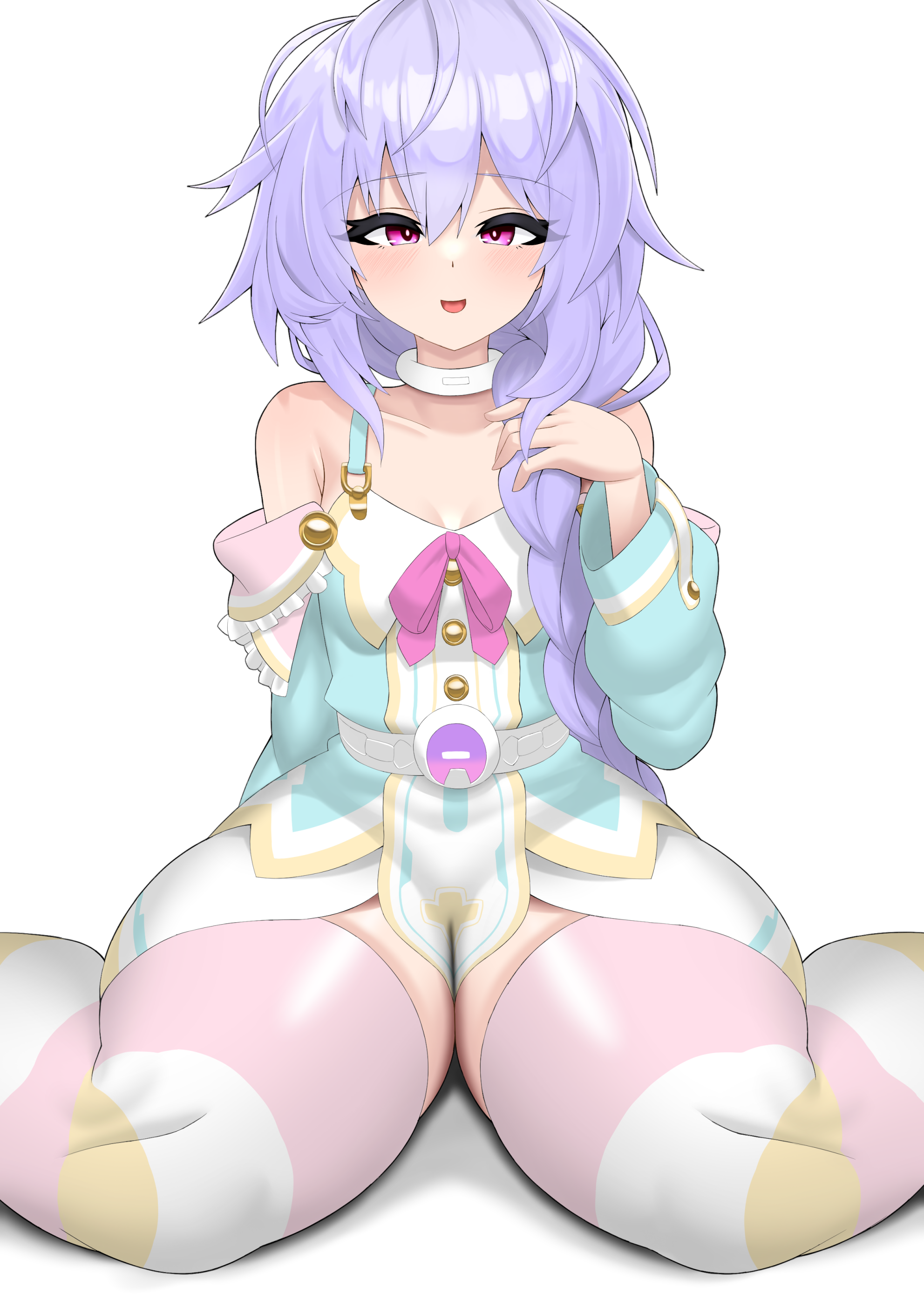 polyester (esteru-2383), pururut, neptune (series), absurdres, highres, 1girl, bare shoulders, belt, between thighs, bow, braid, breasts, choker, cleavage, collarbone, dress, frills, gold buttons, hair between eyes, long hair, messy hair, multicolored dress, multicolored thighhighs, open mouth, pink bow, pink eyes, purple hair, single braid, small breasts, smile, solo, striped clothes, striped thighhighs, thick thighs, thighhighs, thighs, white background, white choker