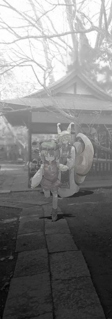 yoshioka yoshiko, chen, yakumo ran, touhou, 2girls, animal ears, animal hat, blonde hair, cat ears, cat girl, cat tail, female focus, fox tail, hat, long sleeves, mob cap, multiple girls, multiple tails, outdoors, shoes, short hair, socks, tail, tassel, wide sleeves