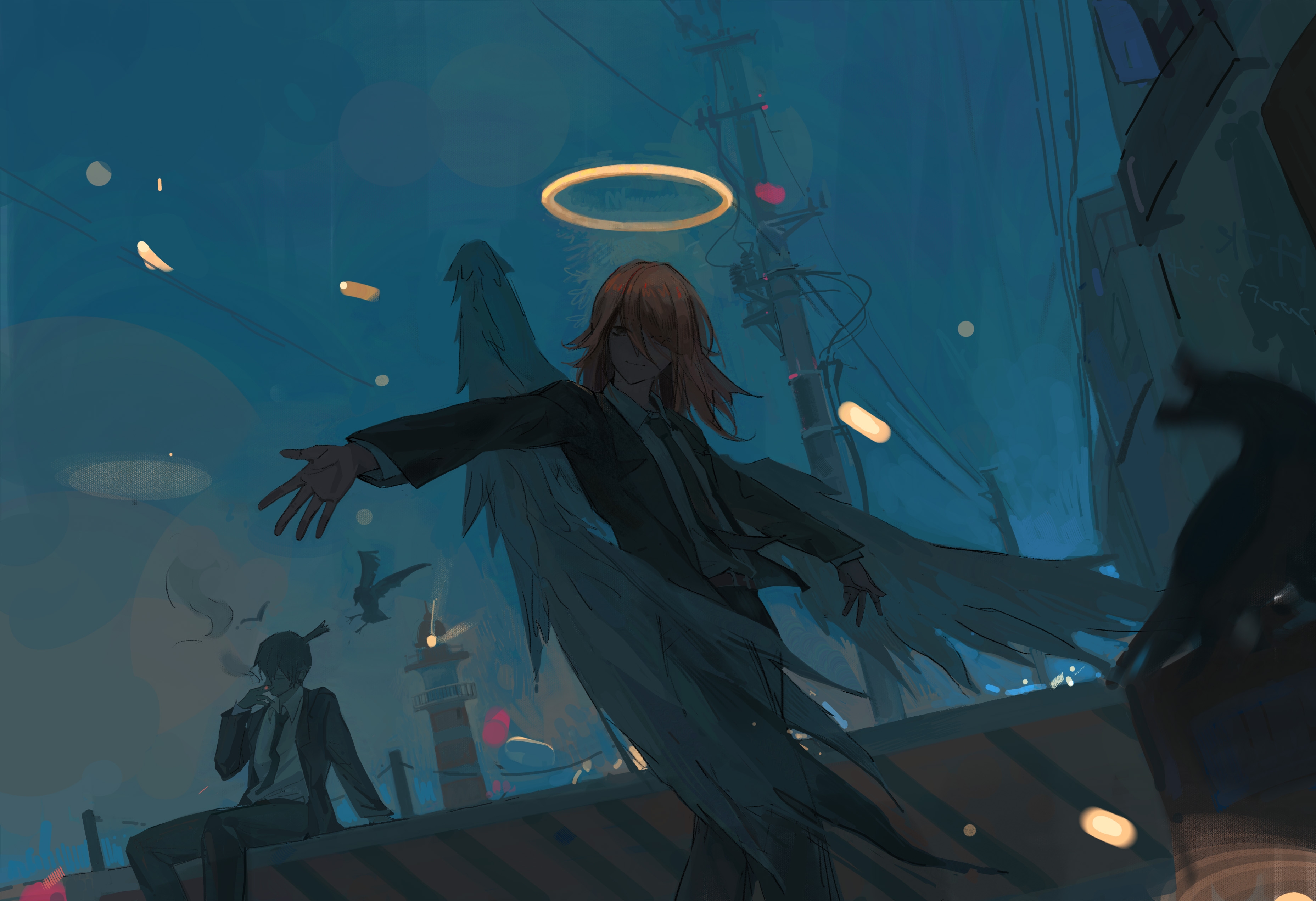 angel devil (chainsaw man), hayakawa aki, chainsaw man, absurdres, chinese commentary, commentary request, highres, 2boys, angel wings, belt, black hair, black jacket, black necktie, black pants, cigarette, collared shirt, hair between eyes, halo, holding, holding cigarette, jacket, lighthouse, limit932, long hair, male focus, multiple boys, necktie, open clothes, open jacket, outstretched arms, pants, power lines, shirt, short hair, sitting, smoke, smoking, spread arms, standing, topknot, traditional halo, utility pole, white shirt, white wings, wings
