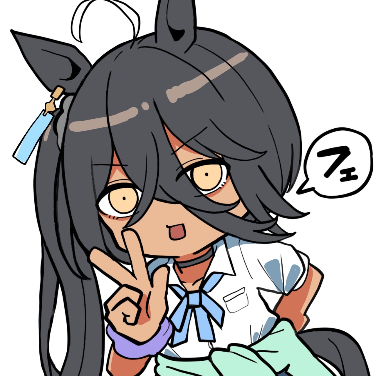 kawamochi (kawauti919), manhattan cafe (umamusume), umamusume, highres, translation request, 1girl, ahoge, alternate hairstyle, animal ears, black choker, black hair, blue bow, blue cardigan, bow, brown eyes, cardigan, cardigan around waist, chibi, choker, clothes around waist, collarbone, gyaru, hair between eyes, hand up, horse ears, horse girl, horse tail, looking at viewer, multicolored hair, open mouth, school uniform, shirt, short sleeves, side ponytail, simple background, solo, tail, tan, two-tone hair, v-shaped eyebrows, white background, white hair, white shirt