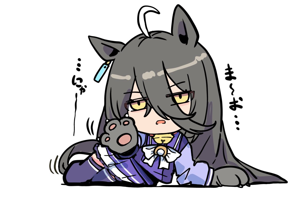 kawamochi (kawauti919), manhattan cafe (umamusume), umamusume, commentary request, translation request, 1girl, ahoge, animal ears, animal hands, bell, black gloves, black hair, bow, brown eyes, chibi, full body, gloves, hair between eyes, horse ears, horse girl, horse tail, jingle bell, long hair, looking at viewer, multicolored hair, neck bell, no shoes, parted lips, paw gloves, pleated skirt, purple shirt, purple skirt, purple thighhighs, school uniform, shadow, shirt, simple background, skirt, solo, tail, thighhighs, tracen school uniform, two-tone hair, very long hair, white background, white bow, white hair