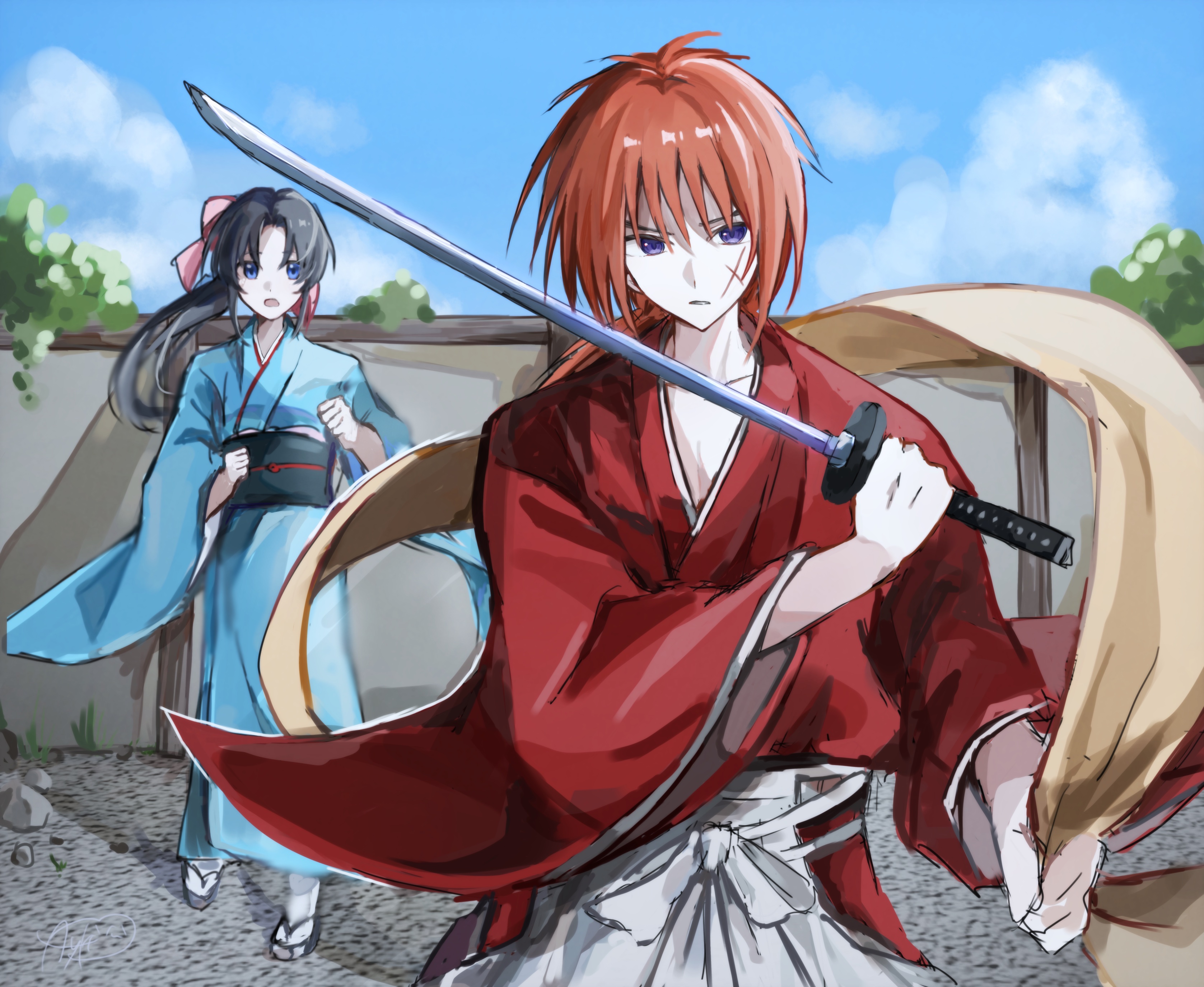 ayateru (ayaki geme), himura kenshin, kamiya kaoru, rurouni kenshin, absurdres, commentary request, highres, 1boy, 1girl, black hair, blue eyes, blue kimono, blue sky, cloud, cloudy sky, collarbone, cross scar, facial scar, hair ribbon, hakama, hakama pants, high ponytail, holding, holding sword, holding weapon, japanese clothes, katana, kimono, long hair, looking at another, low ponytail, obi, outdoors, pants, pink ribbon, ponytail, red hair, red kimono, ribbon, sash, scar, scar on cheek, scar on face, sky, standing, sword, weapon, white hakama, wide sleeves