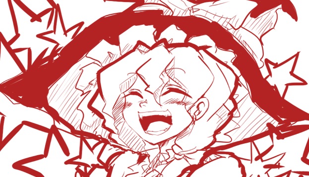 yoshioka yoshiko, kirisame marisa, touhou, 1girl, female focus, hat, laughing, monochrome, red theme, solo, witch, witch hat