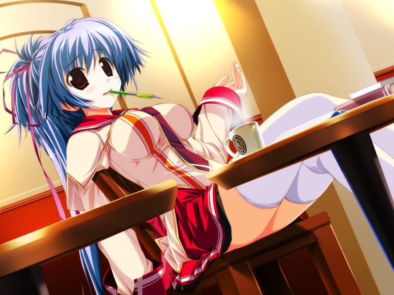 oshiki hitoshi, mitsumine minato, suzunone seven, game cg, non-web source, 1girl, blue hair, book, brown eyes, coffee, crossed legs, cup, dutch angle, female focus, long hair, mouth hold, mug, pen, ponytail, ribbon, school uniform, sitting, solo, thighhighs, white thighhighs