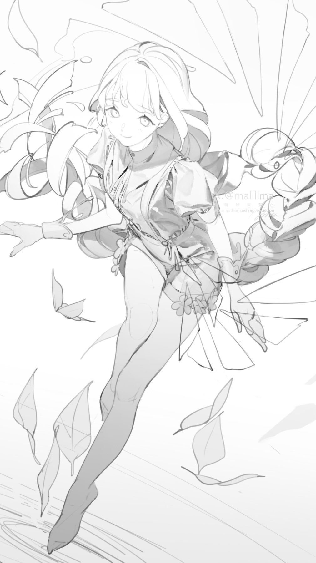 mallllma, original, highres, unfinished, 1girl, absurdly long hair, knees together feet apart, long hair, monochrome, simple background, smile, solo, very long hair, white background