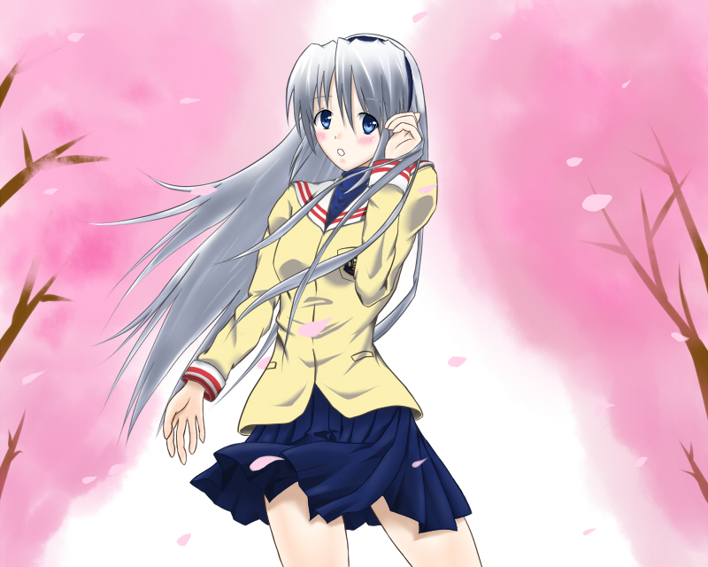 bit (artist), bit (keikou syrup), sakagami tomoyo, clannad, silver hair, 00s, 1girl, blue eyes, cherry blossoms, female focus, long hair, petals, school uniform, solo