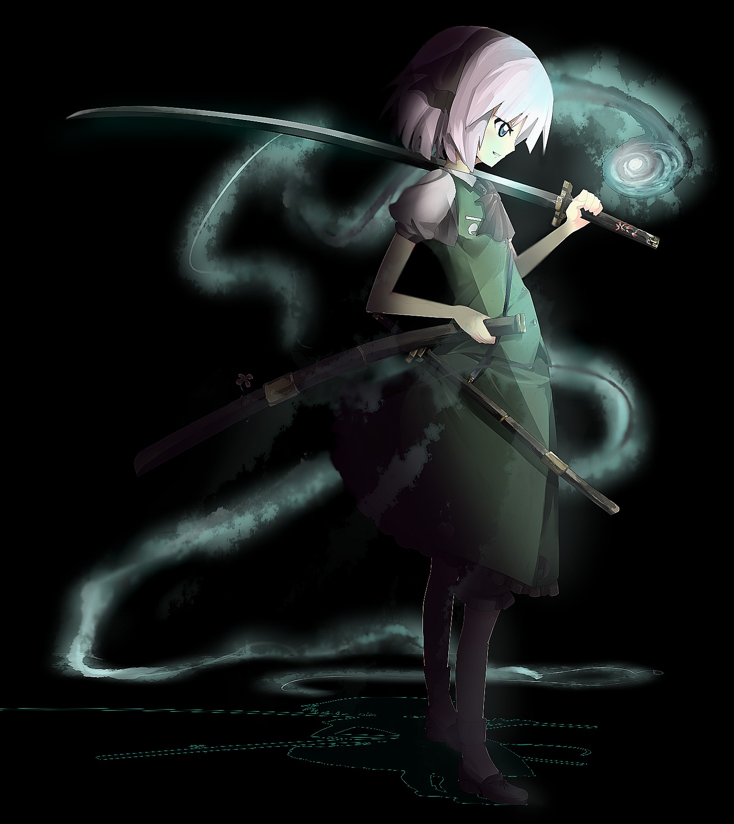 yoshioka yoshiko, konpaku youmu, konpaku youmu (ghost), touhou, highres, 1girl, blue eyes, female focus, hairband, hitodama, katana, short hair, solo, sword, weapon