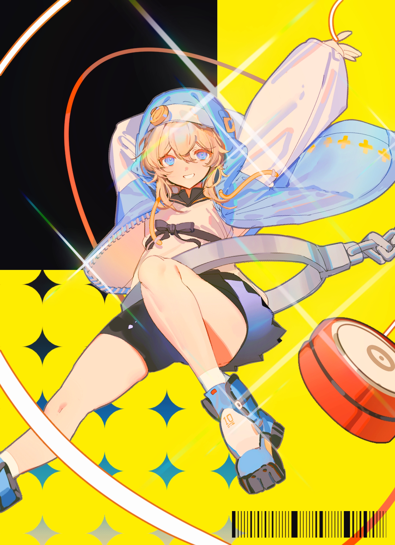 bridget (guilty gear), guilty gear, guilty gear strive, highres, 1boy, 4deung, :d, arm behind head, arm up, barcode, bike shorts, black background, black shorts, blonde hair, blue eyes, blue jacket, hood, hood up, hooded jacket, hoodie, jacket, knee up, long sleeves, looking at viewer, male focus, open clothes, open hoodie, open mouth, shirt, shorts, simple background, smile, solo, thighs, trap, white mouth, white shirt, yellow background, yo-yo